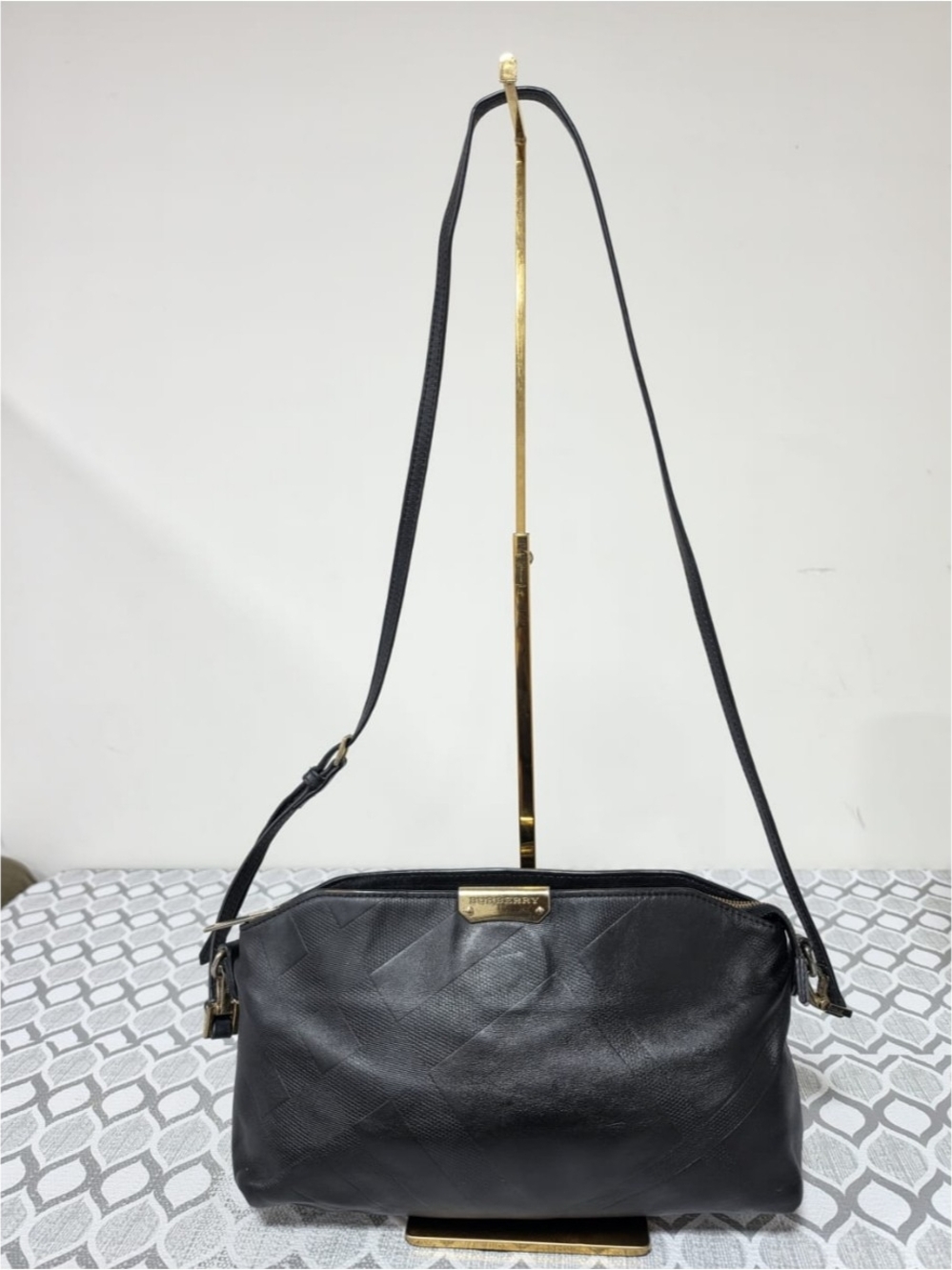 BURBERRY Calfskin Check Embossed Small Chichester Crossbody Clutch Bag Black